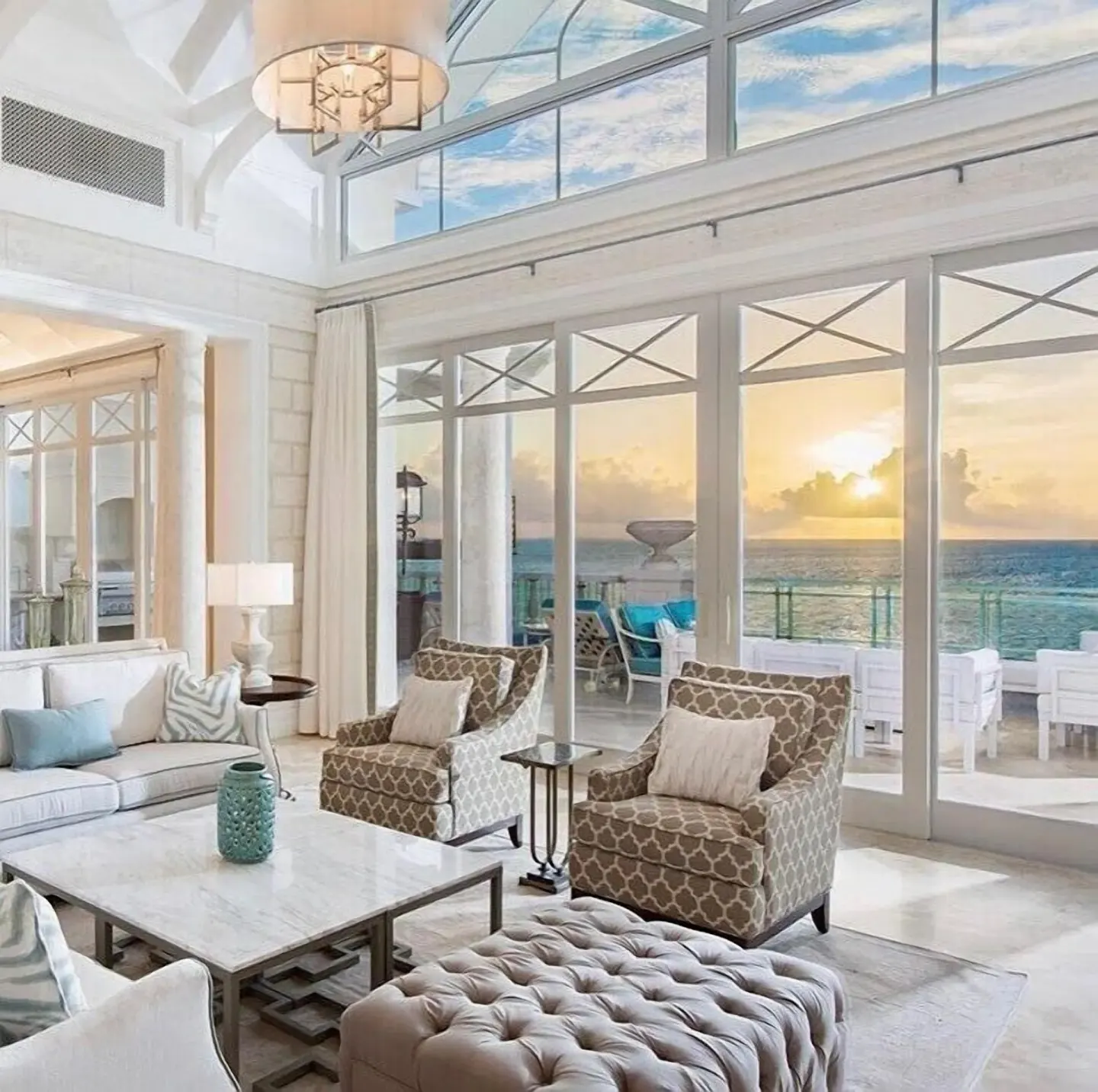 Penthouse living room with oceanfront terrace at The Shore Club Turks and Caicos.