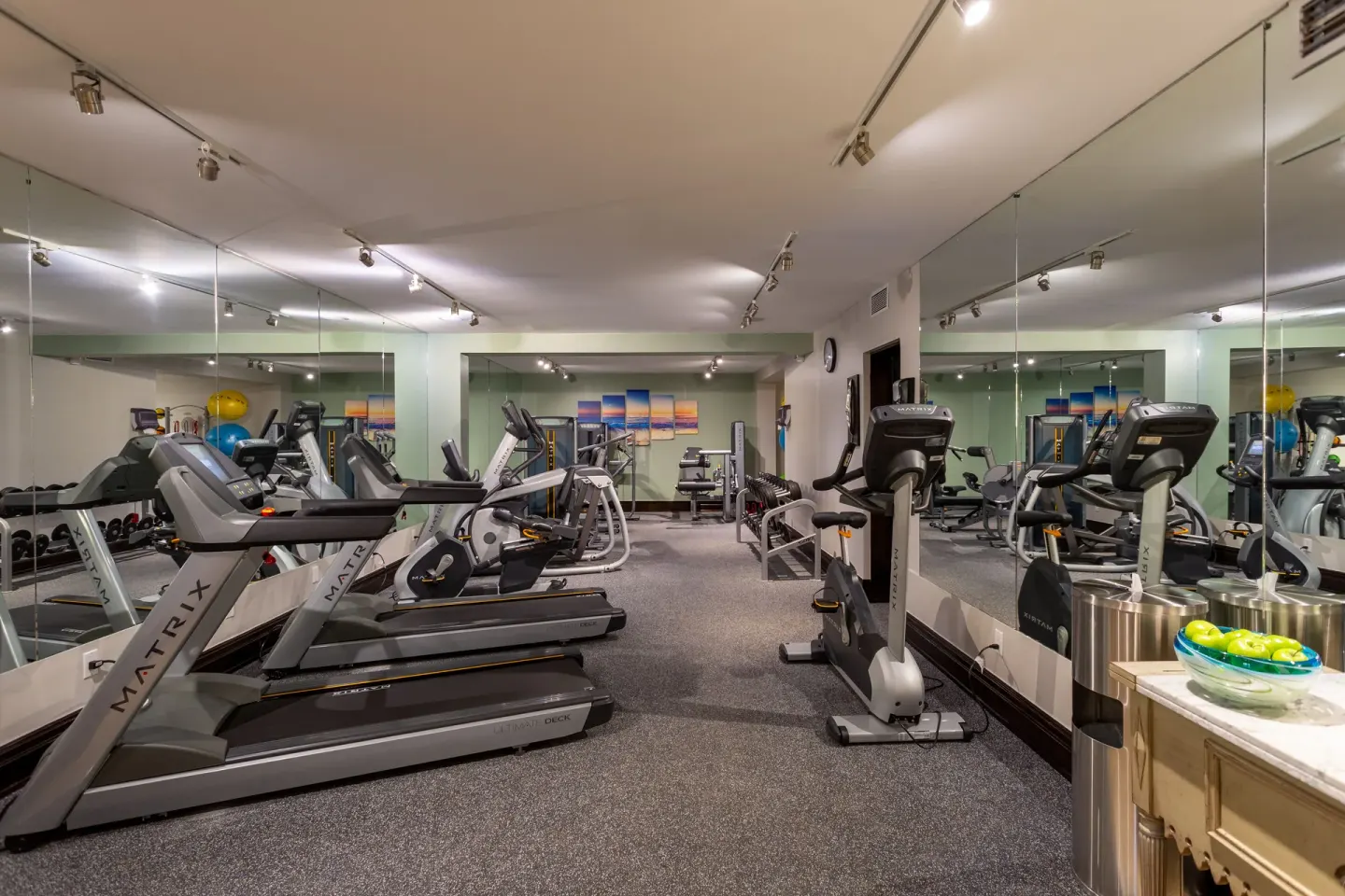 Fitness room with treadmills, bikes, mirrors, and weights at The Somerset on Grace Bay.