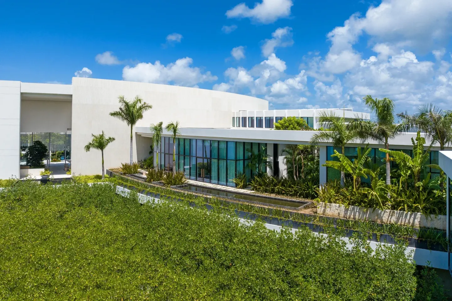 White modern resort building and mangroves at The St. Regis Kanai Resort, Riviera Maya.