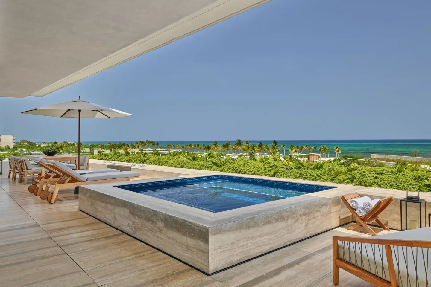 Private terrace plunge pool facing the sea at The St. Regis Kanai Resort, Riviera Maya.