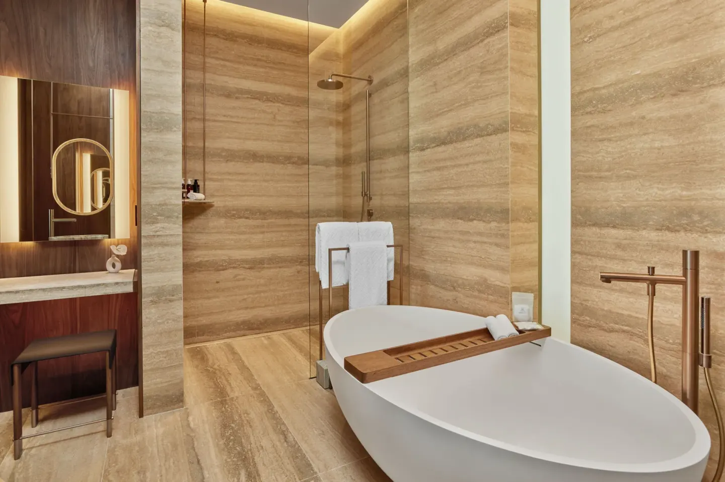 Deluxe Room Ocean View bathroom tub and shower at The St. Regis Kanai Resort, Riviera Maya.