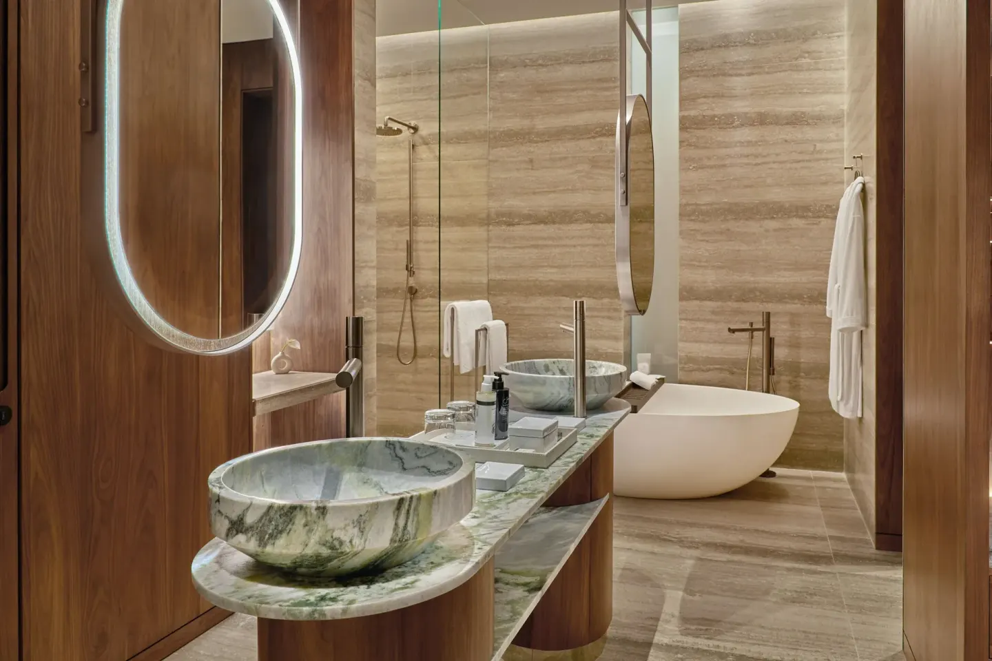 Deluxe Room Ocean View bathroom vanity and tub at The St. Regis Kanai Resort, Riviera Maya.
