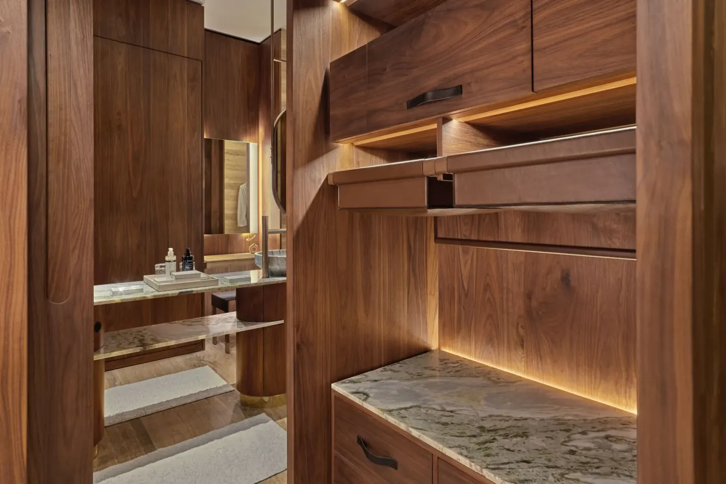 Wood closet and vanity area in a Deluxe Room at The St. Regis Kanai Resort, Riviera Maya.