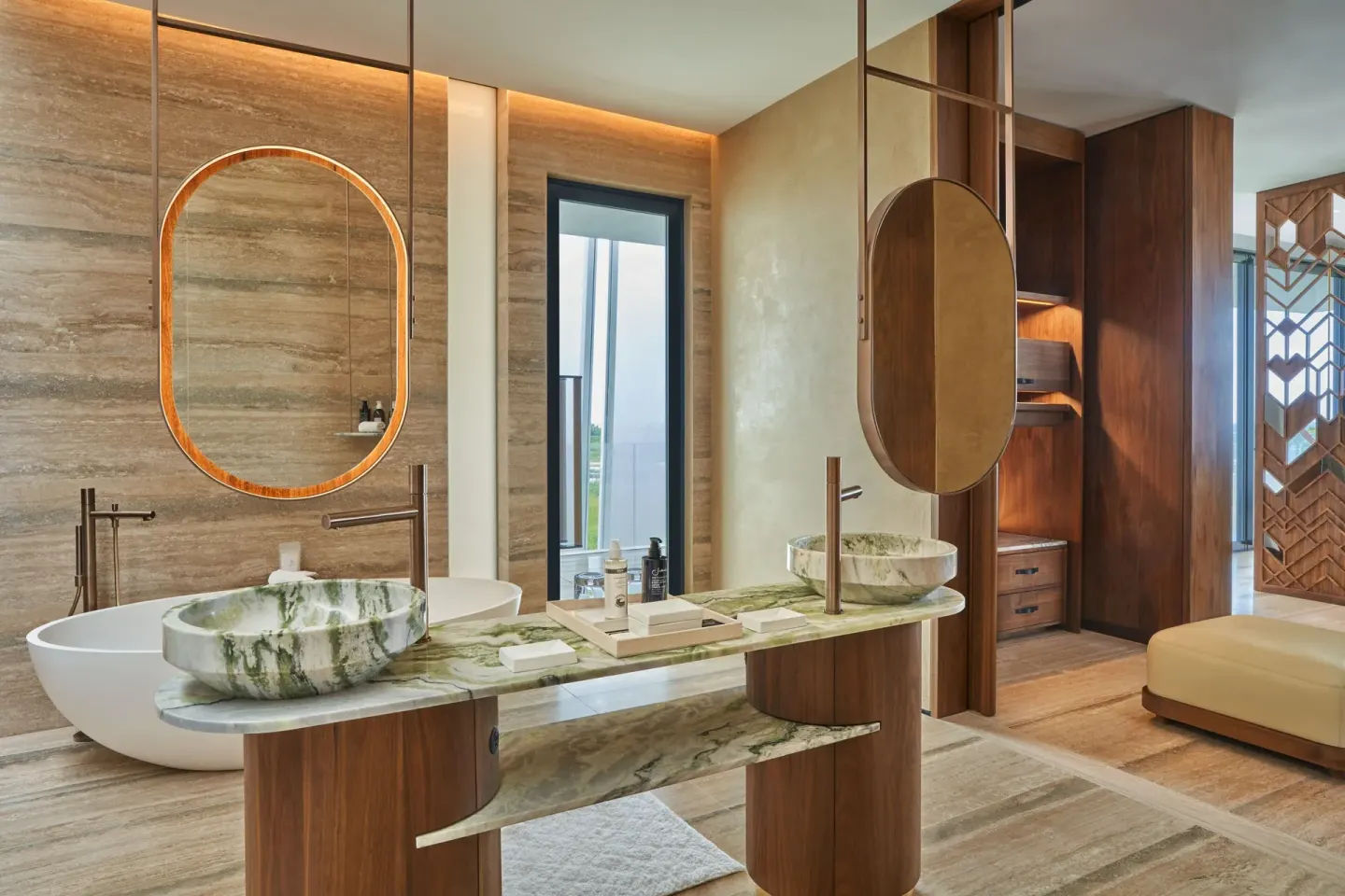 Bathroom vanity and soaking tub in an Ocean View Suite at The St. Regis Kanai Resort, Riviera Maya.