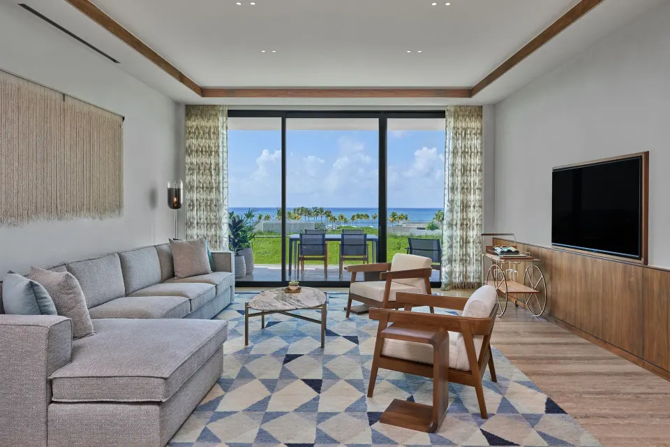 Ocean View Suite living room and terrace at The St. Regis Kanai Resort, Riviera Maya.