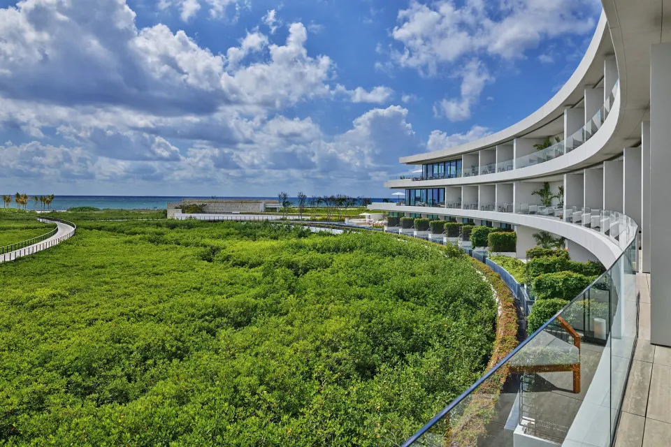 Ocean View Suite terrace view over greenery at The St. Regis Kanai Resort, Riviera Maya.
