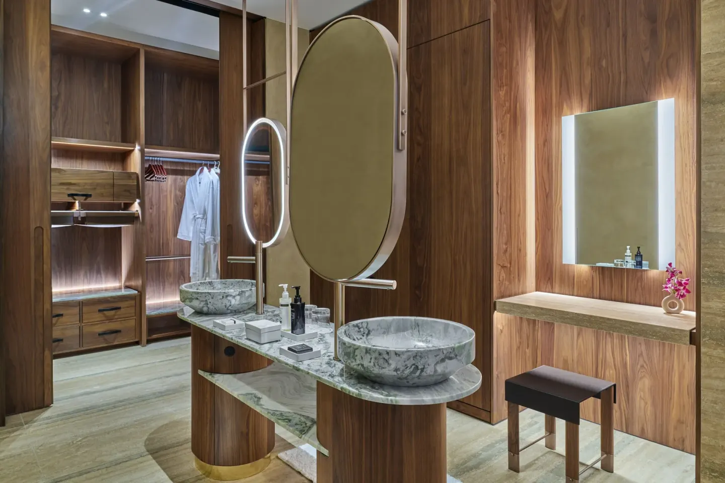 Ocean View Suite vanity and walk-in closet at The St. Regis Kanai Resort, Riviera Maya.