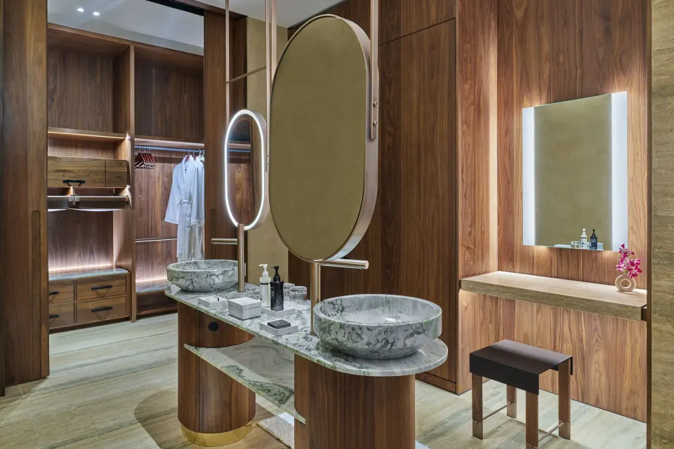 Ocean View Suite vanity and walk-in closet at The St. Regis Kanai Resort, Riviera Maya.