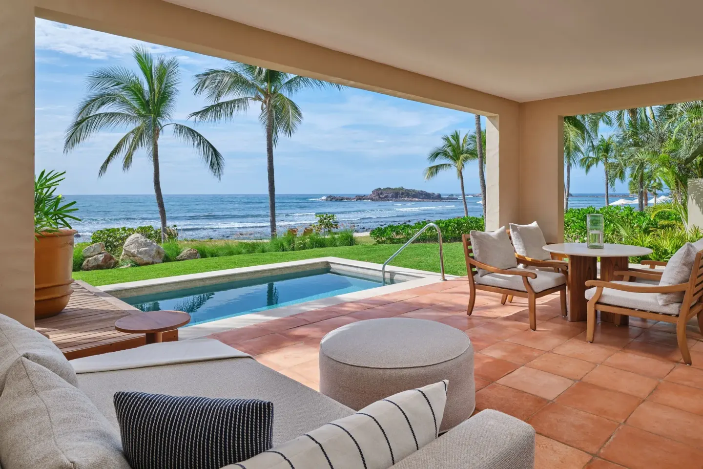 Covered terrace with plunge pool and ocean view at The St. Regis Punta Mita Resort.