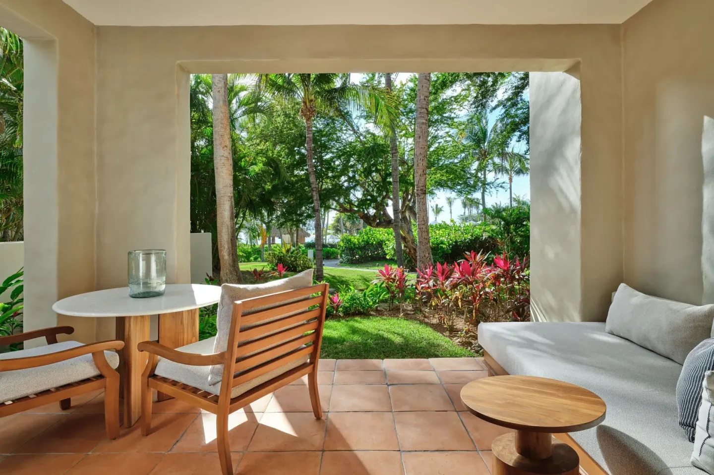 Garden terrace seating for a Garden View room at The St. Regis Punta Mita Resort.