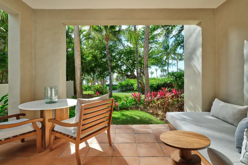 Garden terrace seating for a Garden View room at The St. Regis Punta Mita Resort.