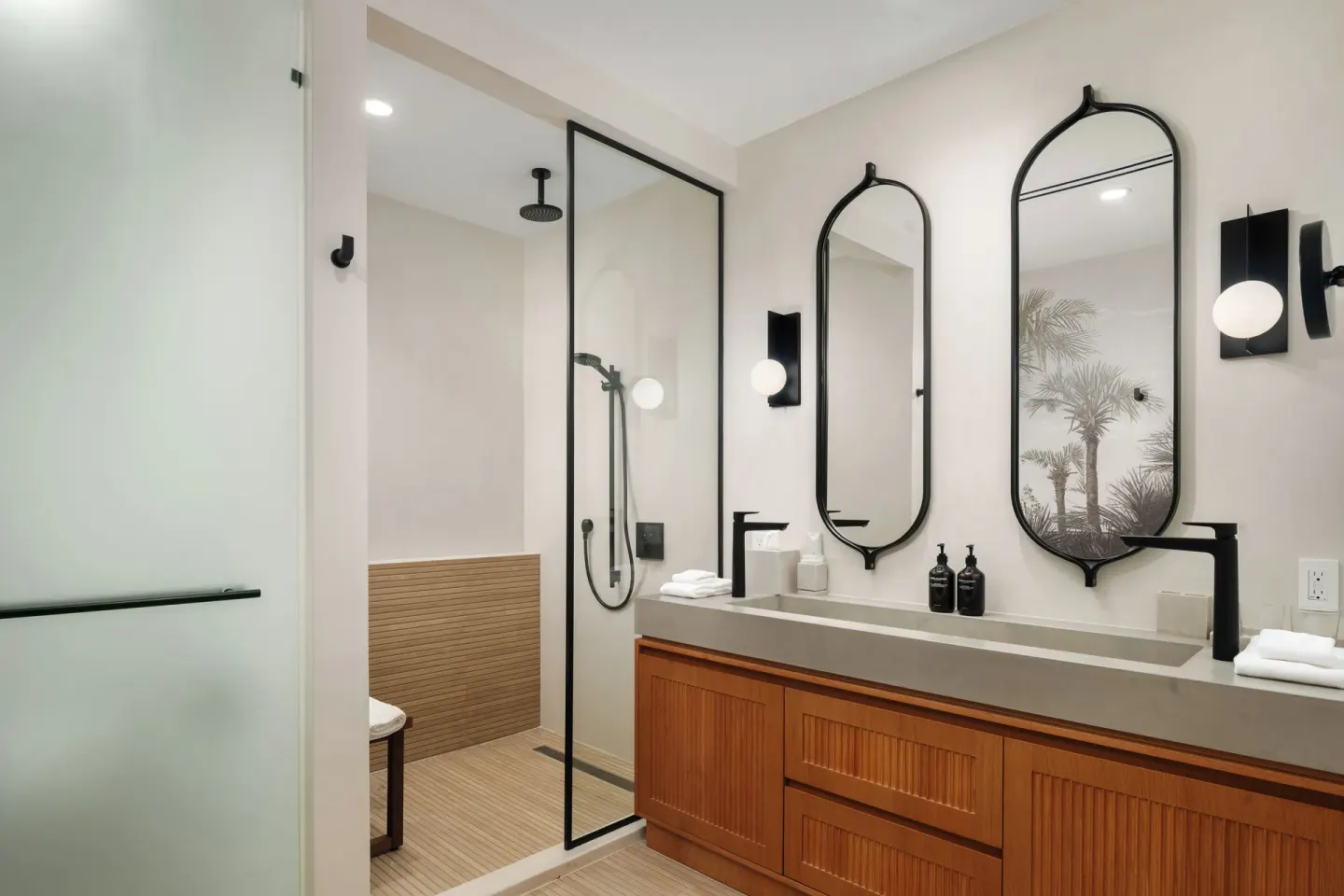 Modern bathroom vanity and glass shower at The Strand Turks and Caicos.