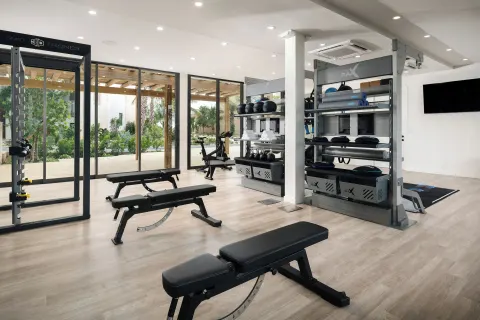 Fitness room with benches, racks, and garden-facing windows at The Strand Turks and Caicos.