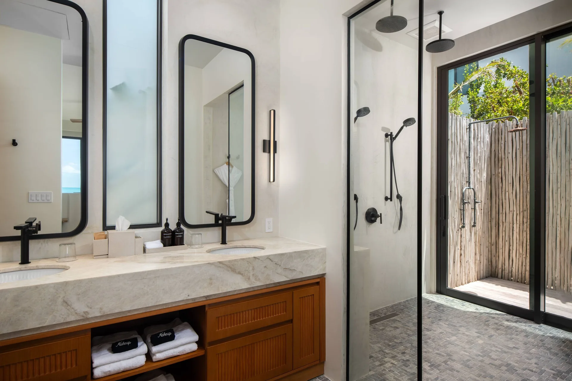 Grand Residence bathroom double vanity and shower at The Strand Turks and Caicos.