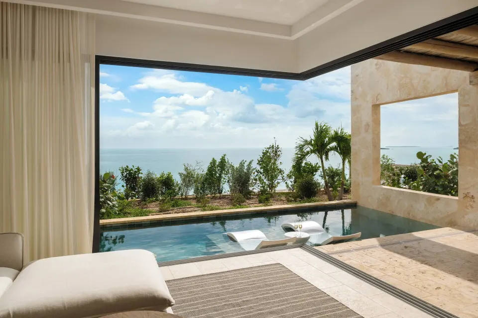 Open living area facing the private pool at The Strand Turks and Caicos.
