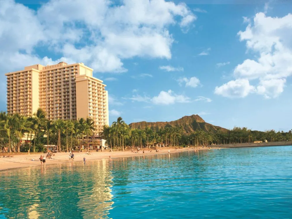 Partial ocean view toward Waikiki Beach and Diamond Head from The Twin Fin Hotel.