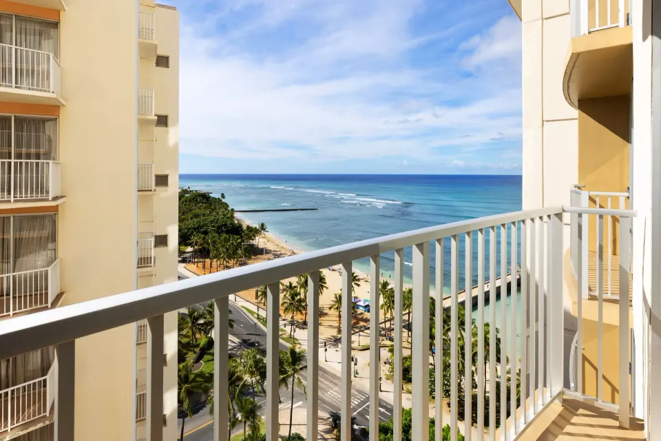 Ocean view balcony between hotel towers at The Twin Fin Hotel.