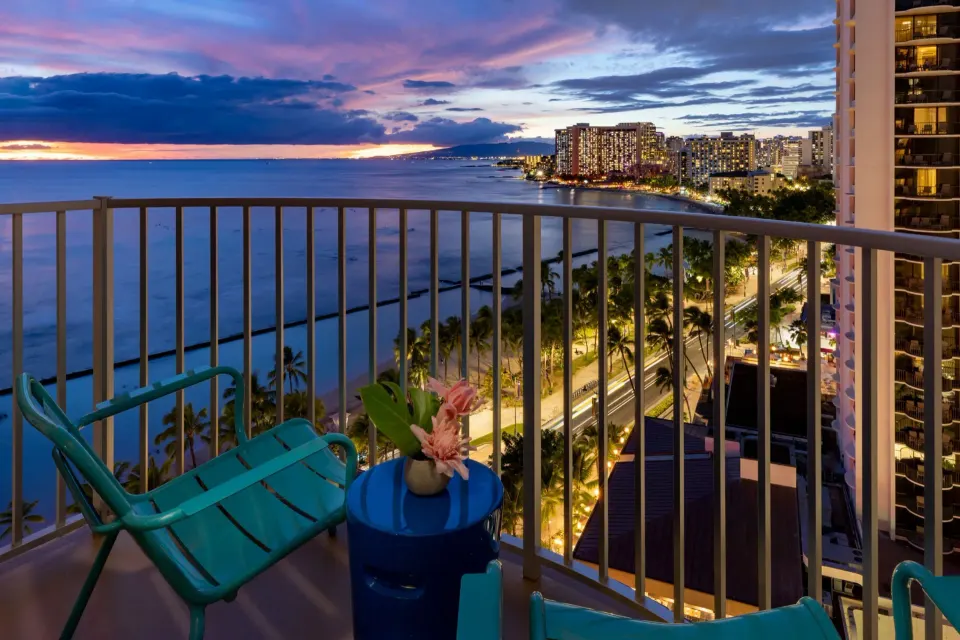 Ocean view balcony at sunset from The Twin Fin Hotel.
