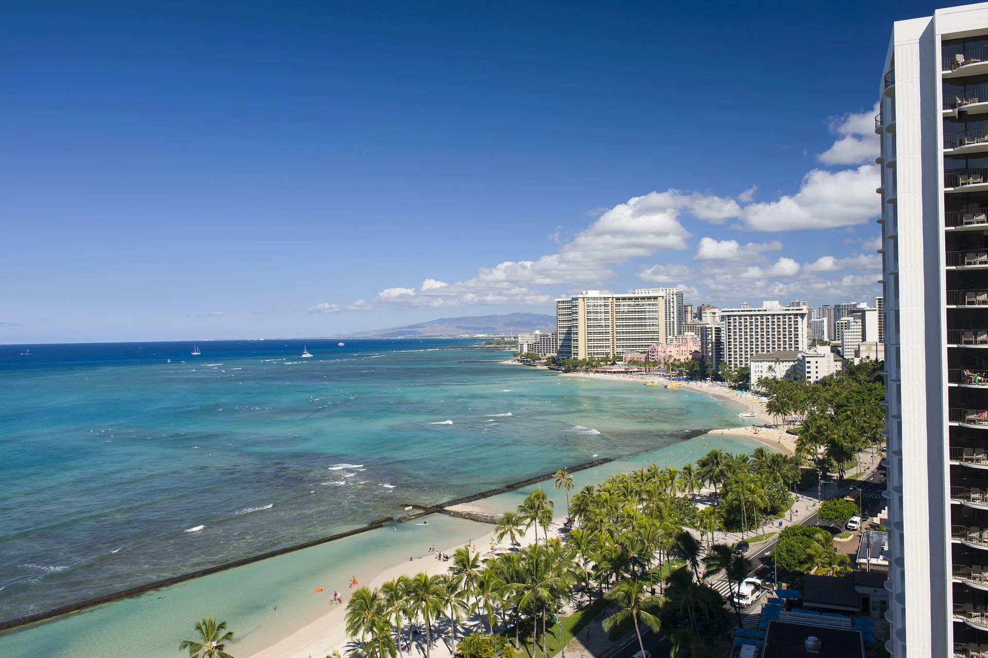 Ocean view over Waikiki Beach from a room at The Twin Fin Hotel.