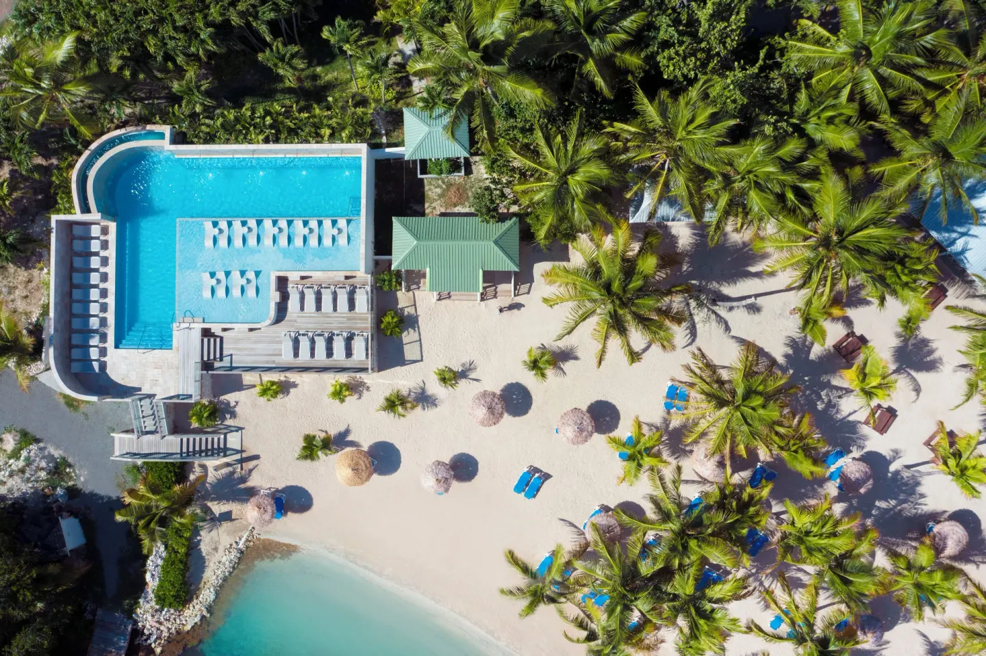 Aerial view of beach, palms, and pool deck at The Verandah Antigua.