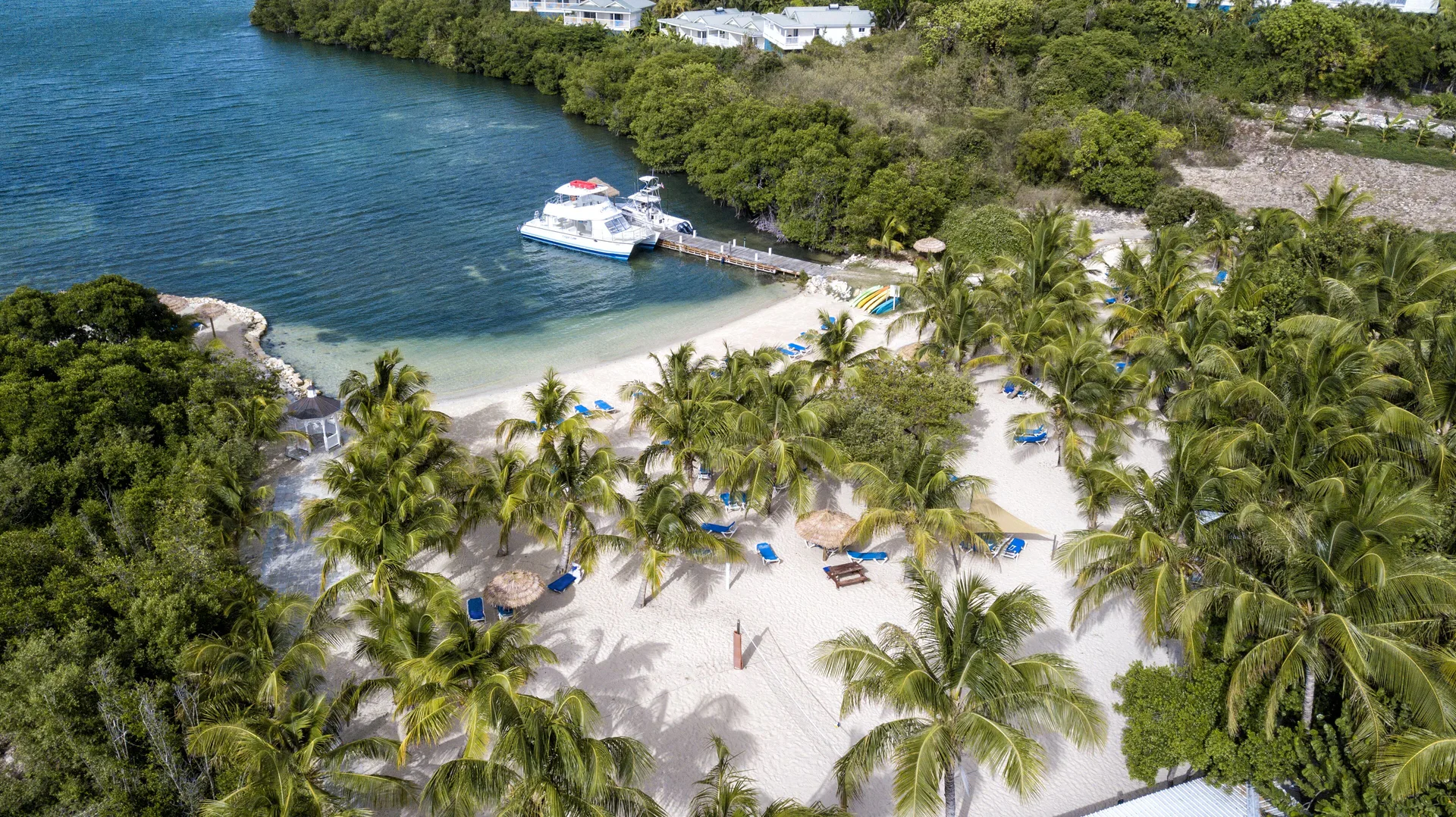 Aerial view of a palm-lined beach and docked boat at The Verandah Antigua.