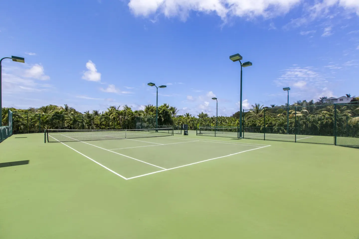 Empty tennis courts with light poles and palm trees at The Verandah Antigua.