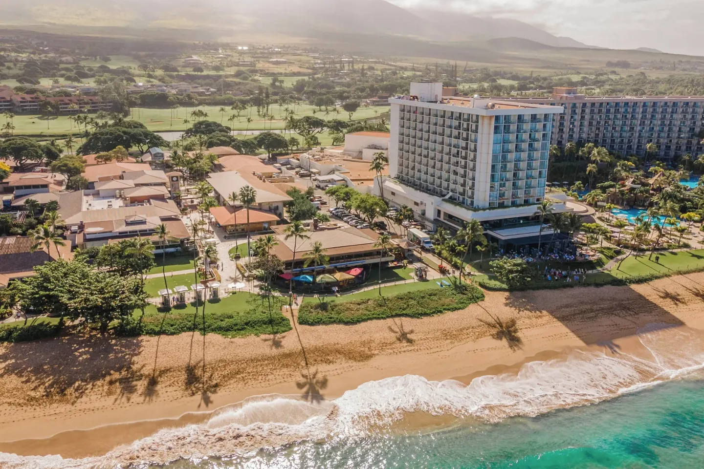 Aerial beachfront view of The Westin Maui Resort & Spa, Ka'anapali along Ka'anapali Beach.