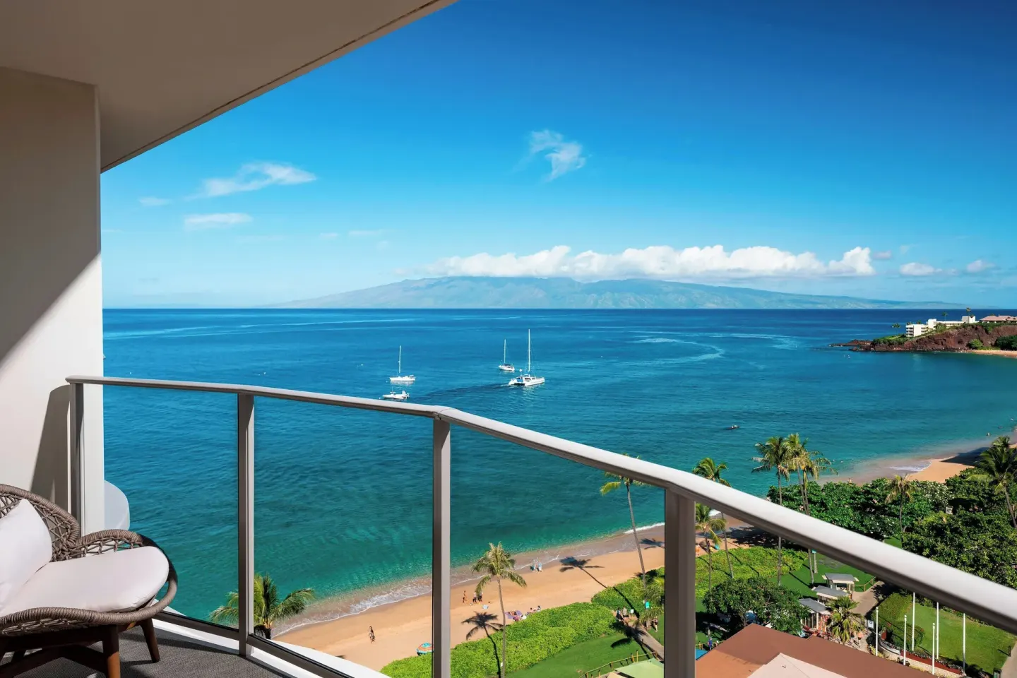 Balcony ocean view with beach and sailboats at The Westin Maui Resort & Spa, Ka'anapali.