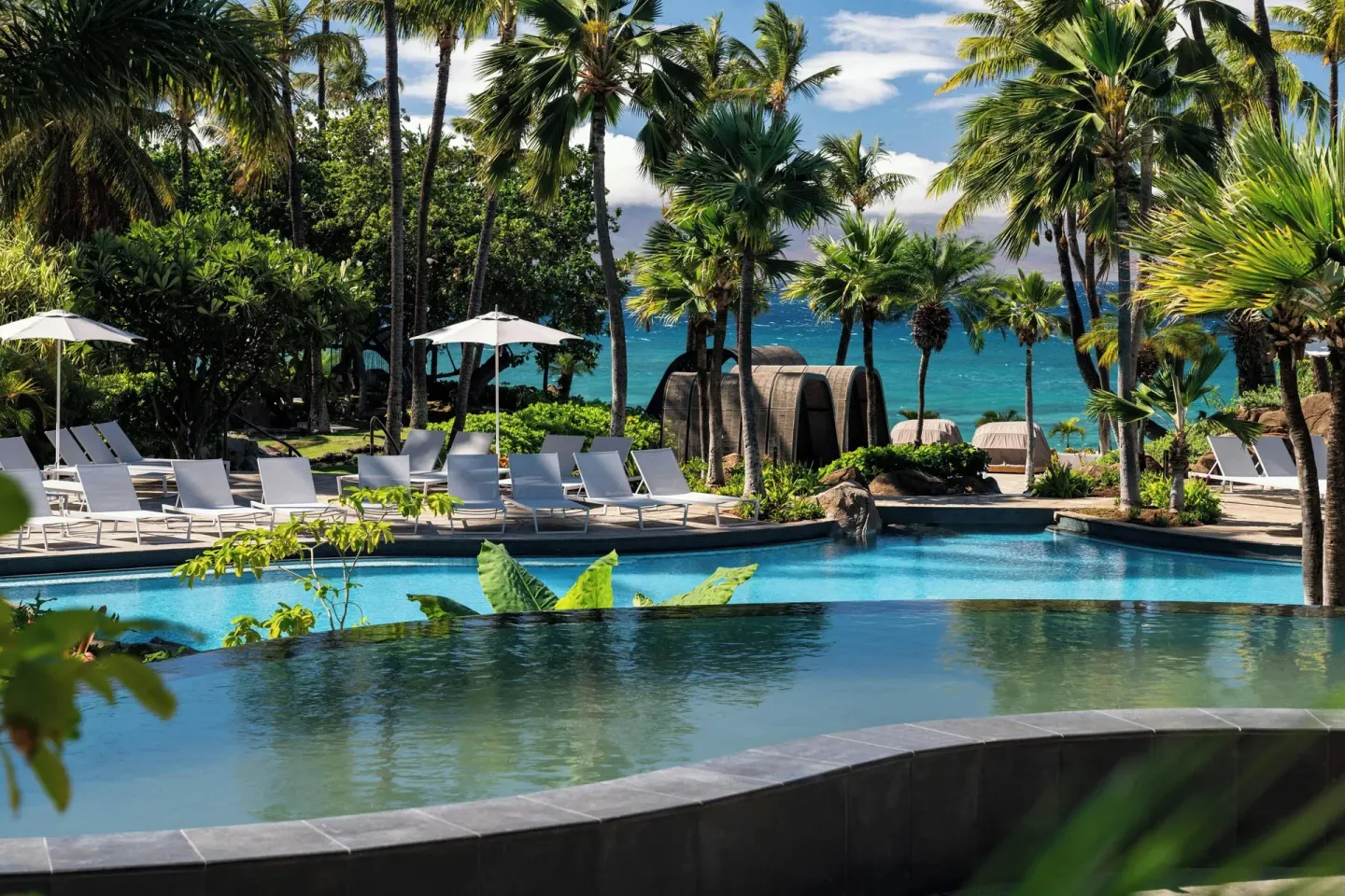 Lagoon-style pool with palm trees and ocean beyond at The Westin Maui Resort & Spa, Ka'anapali.