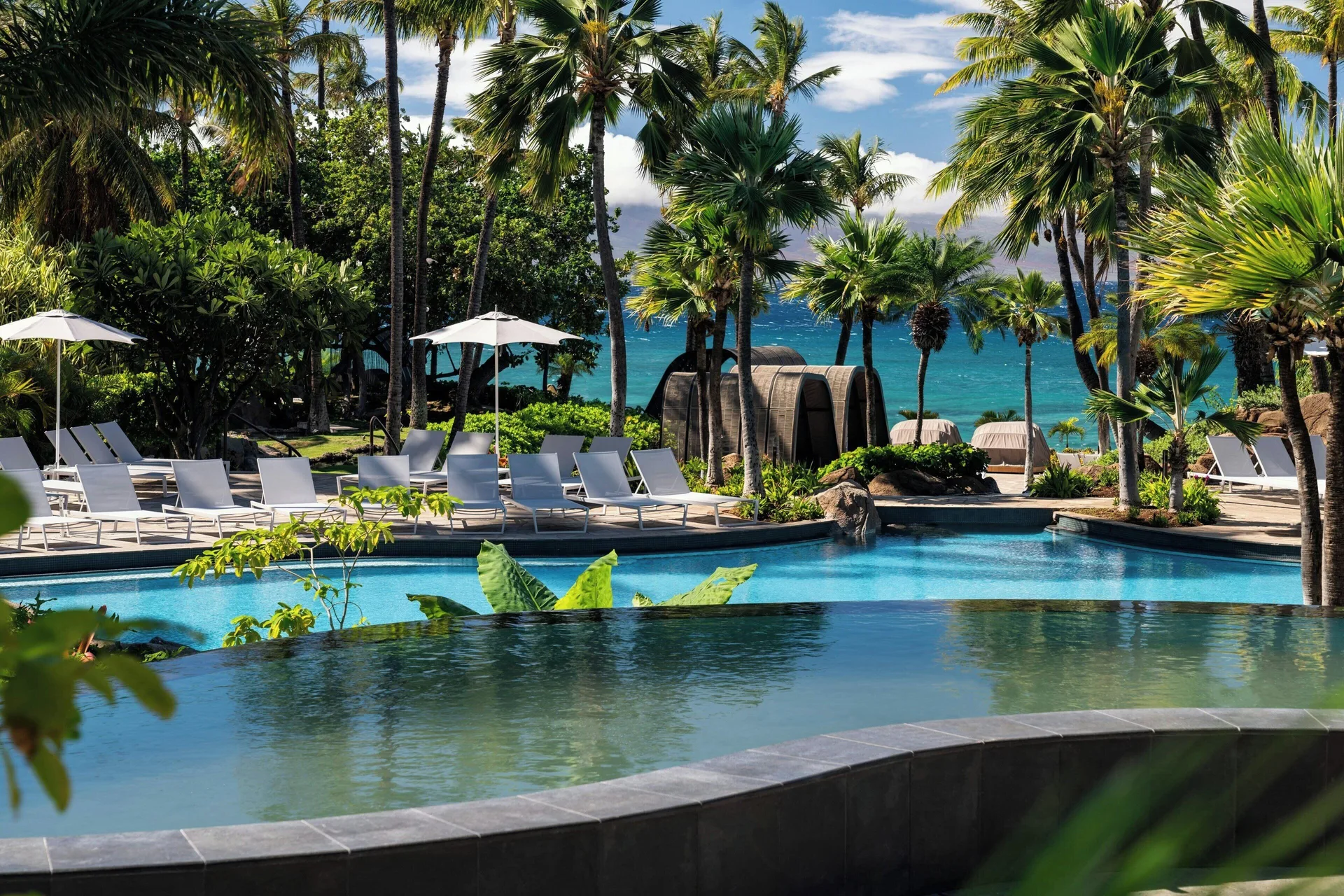 Lagoon-style pool with palm trees and ocean beyond at The Westin Maui Resort & Spa, Ka'anapali.