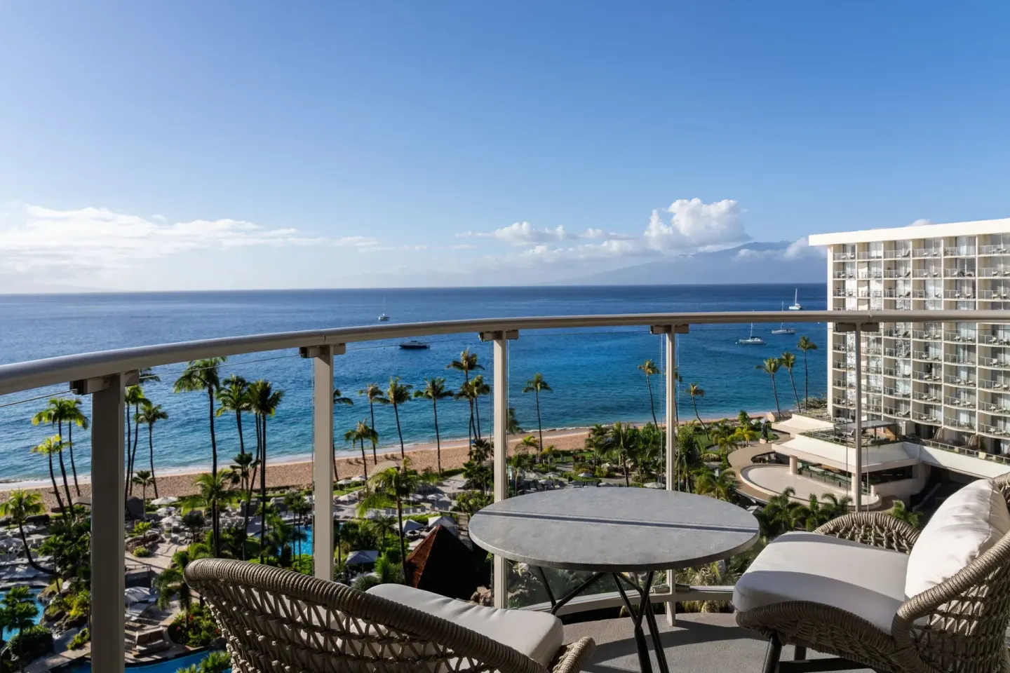 Balcony seating overlooks the beach and ocean at The Westin Maui Resort & Spa, Ka'anapali.