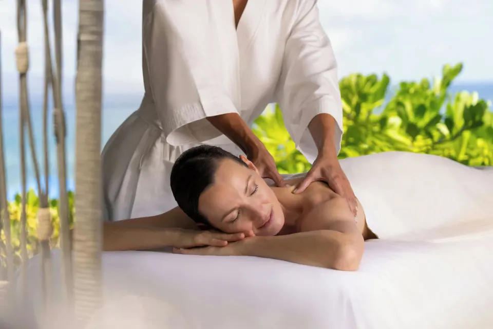 Outdoor massage treatment with ocean and greenery behind at The Westin Maui Resort & Spa, Ka'anapali.