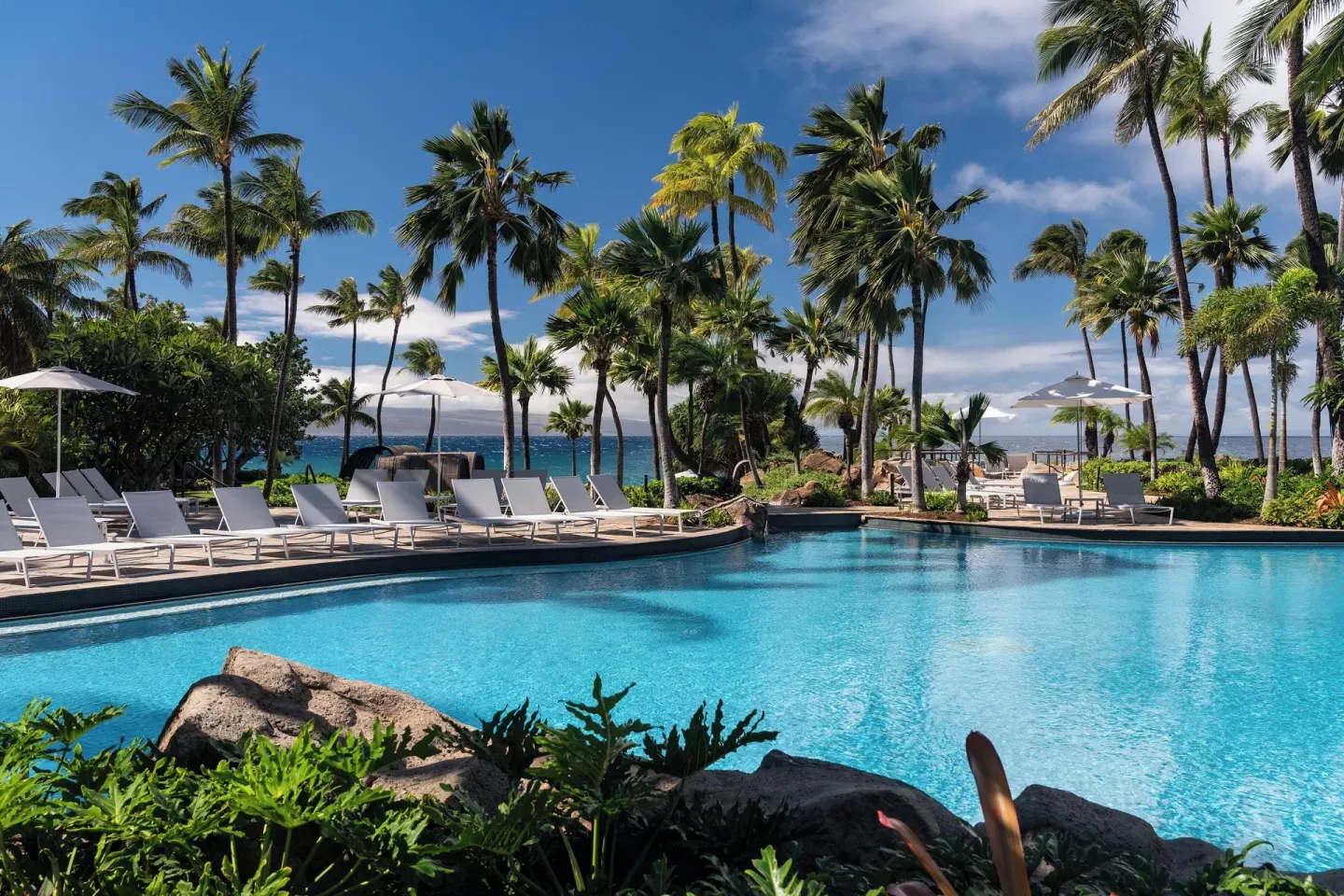 Pool with lounge chairs and palm trees at The Westin Maui Resort & Spa, Ka'anapali.