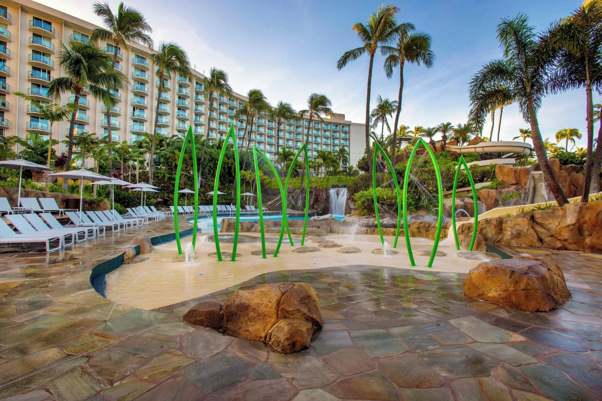 Resort pool splash area with green water features at The Westin Maui Resort & Spa, Ka'anapali.