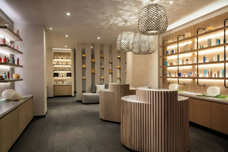 Spa boutique with pendant lights and product shelves at The Westin Maui Resort & Spa, Ka'anapali.