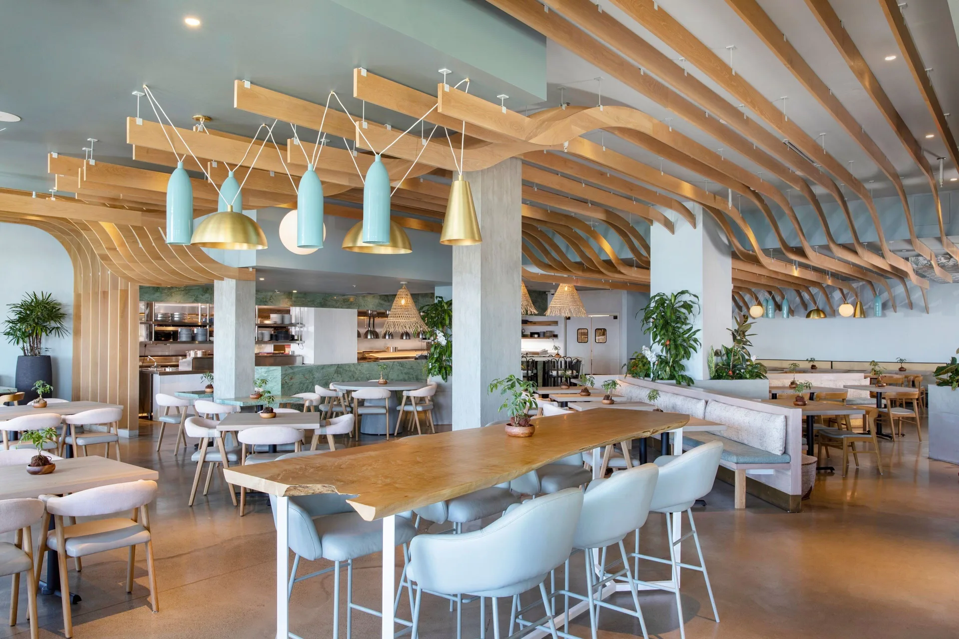 Modern dining room with curved wood ceiling details at The Westin Maui Resort & Spa, Ka'anapali.
