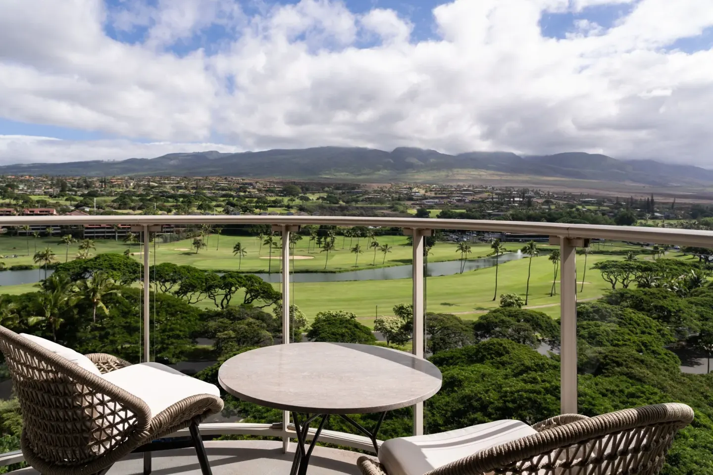 Furnished balcony with golf course and mountain views at The Westin Maui Resort & Spa, Ka'anapali.