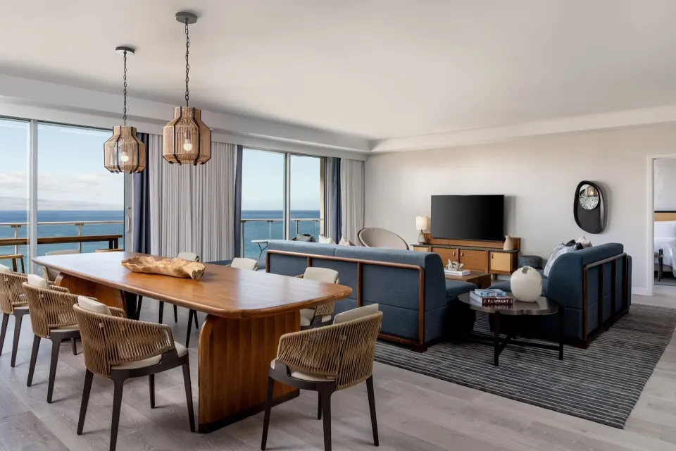 Presidential Suite dining and living area with ocean windows at The Westin Maui Resort & Spa, Ka'anapali.
