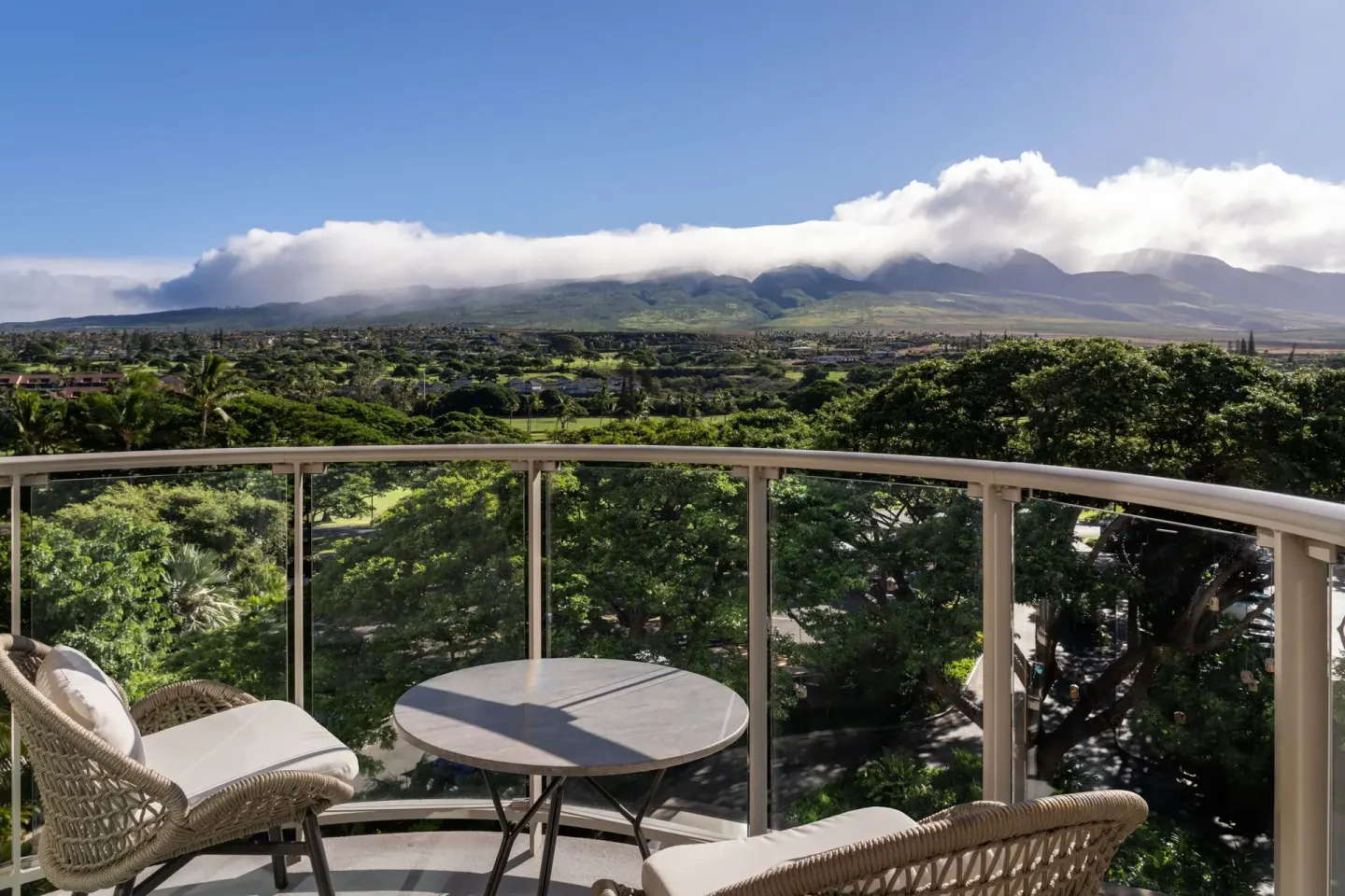 Balcony seating with mountain and resort views at The Westin Maui Resort & Spa, Ka'anapali.
