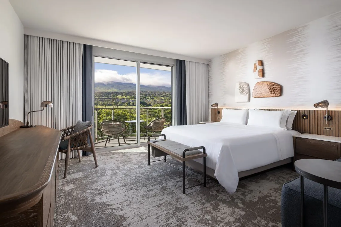 King bed guest room with balcony mountain view at The Westin Maui Resort & Spa, Ka'anapali.