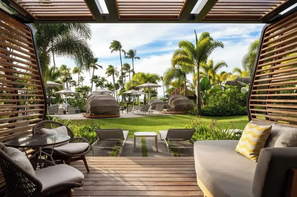 Kūkahi Sundeck patio with lounge seating at The Westin Maui Resort & Spa, Ka'anapali.