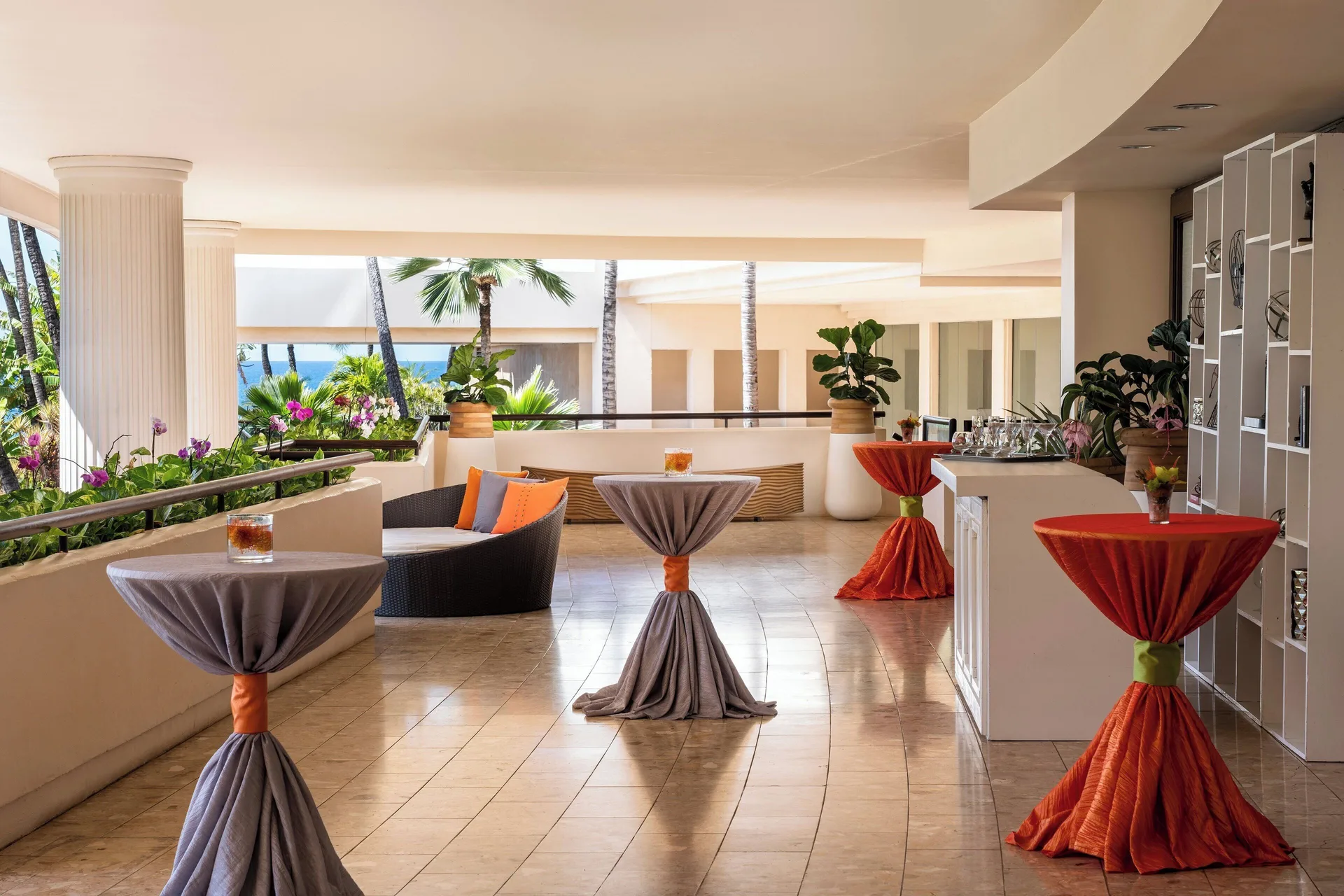 Event foyer with cocktail tables and bar setup at The Westin Maui Resort & Spa, Ka'anapali.