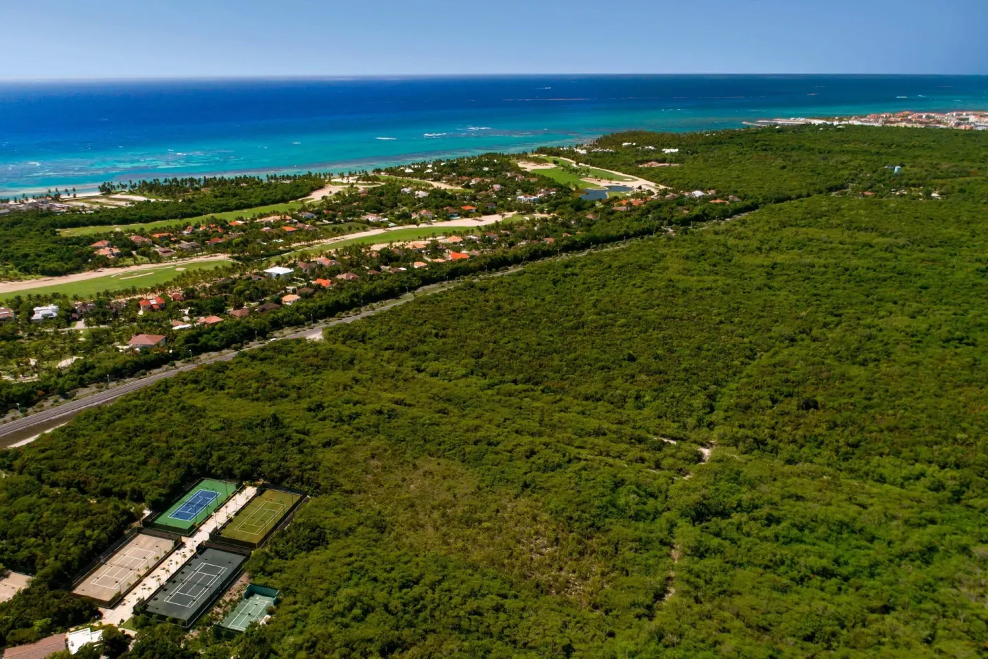 Aerial view of tennis courts, greenery, and coastline near The Westin Puntacana Resort.