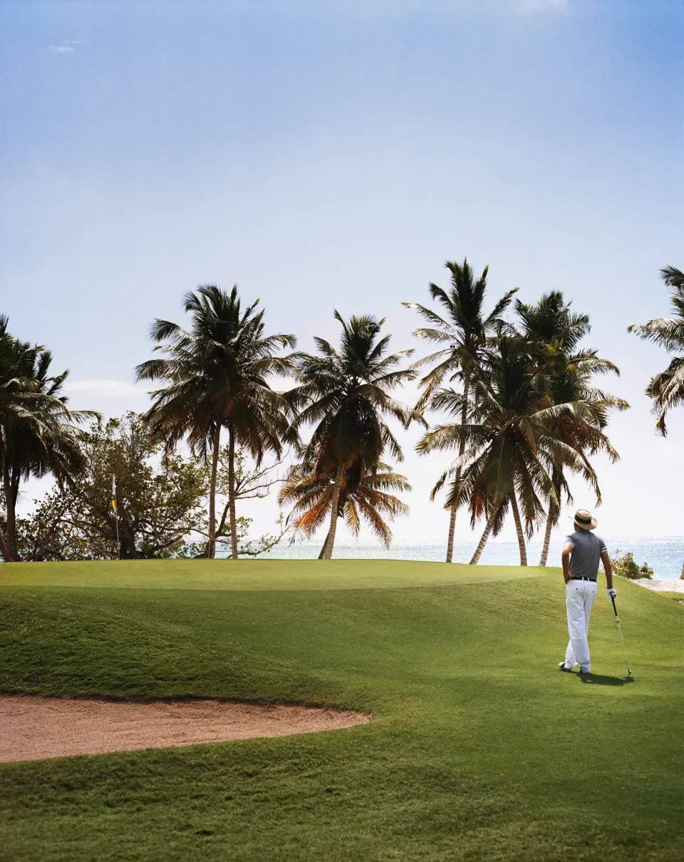 Golfer on a palm-lined green beside the ocean at The Westin Puntacana Resort.