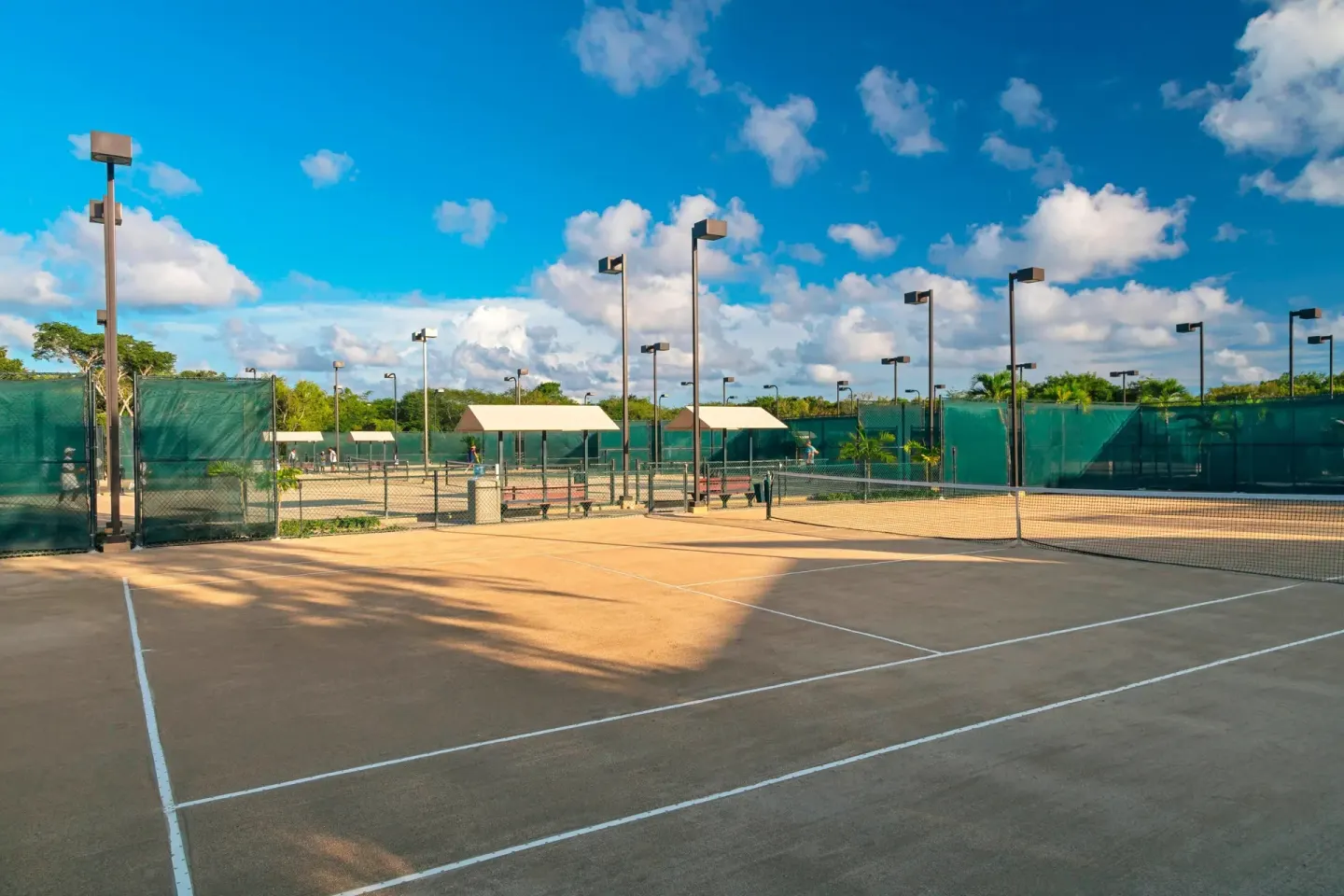 Tennis courts with nets and light poles at The Westin Puntacana Resort.