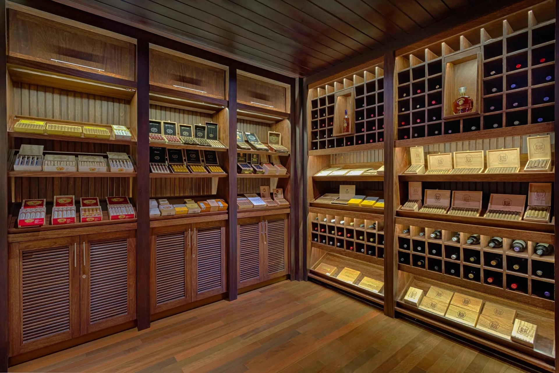 Wooden cigar shelves and bottle cubbies at The Westin Puntacana Resort.