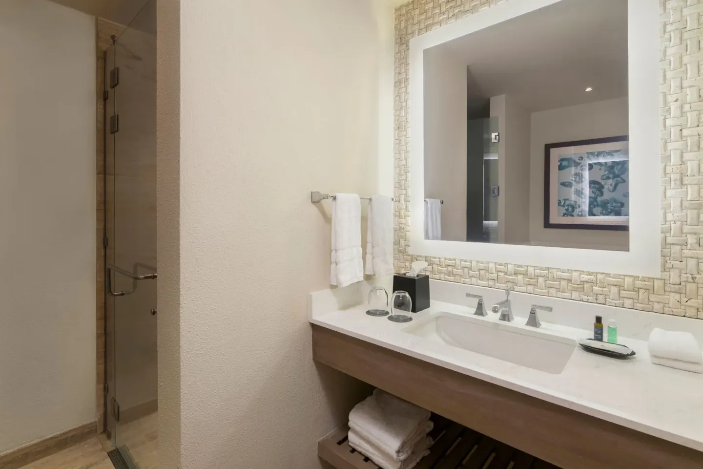 Traditional Room Ocean View bathroom sink and mirror with shower doorway at The Westin Puntacana Resort.