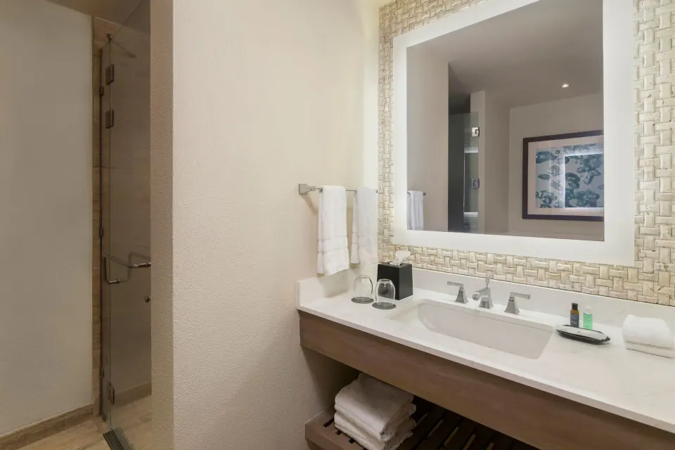 Traditional Room Ocean View bathroom sink and mirror with shower doorway at The Westin Puntacana Resort.