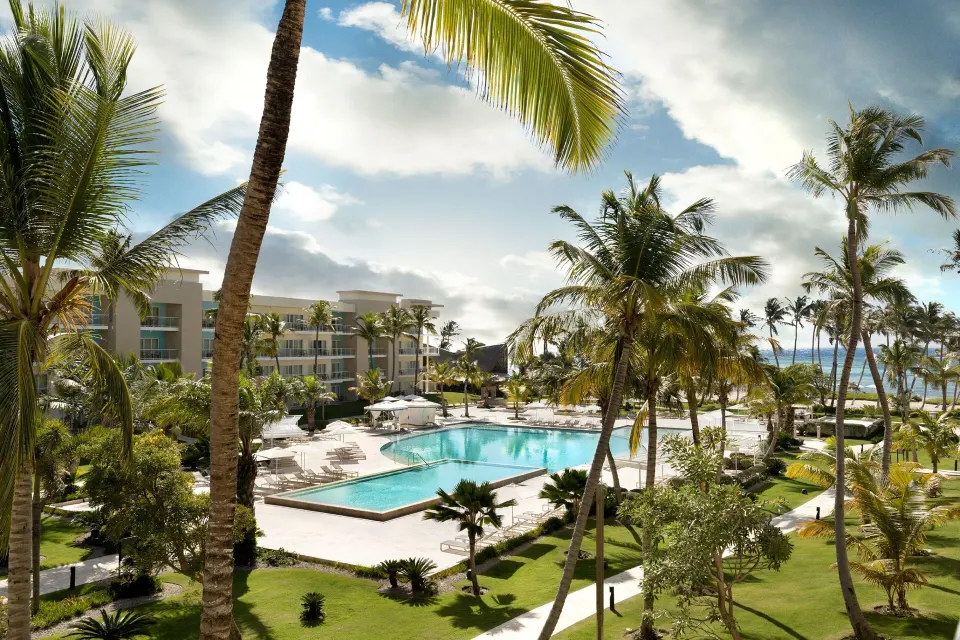 Traditional Room ocean view across the pool and palms at The Westin Puntacana Resort.