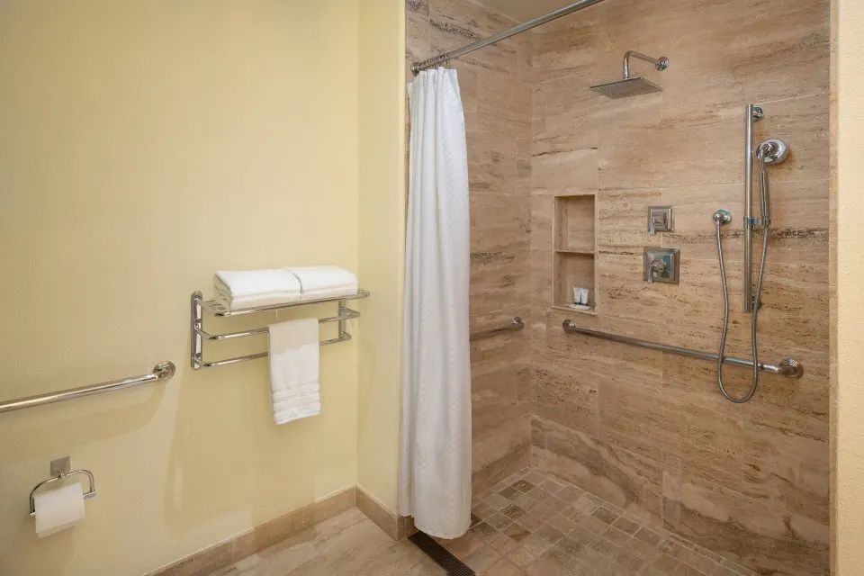 Traditional Room Ocean View shower with tiled walls and handheld sprayer at The Westin Puntacana Resort.